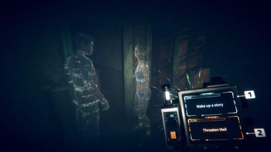 A screenshot from Eternal Threads shows holographic figures in a dim room and a device displaying dialogue choices.
