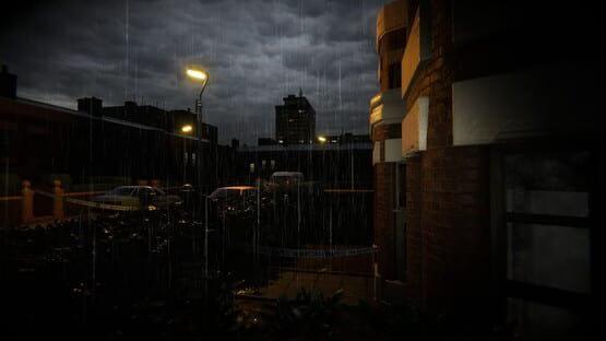 Eternal Threads screenshot: A rainy, dimly lit urban street scene with parked cars and buildings under a cloudy night sky.