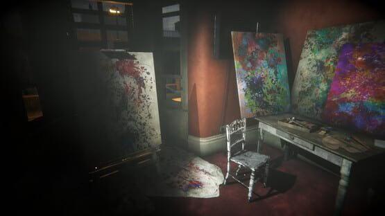 Eternal Threads screenshot: A dimly lit room with colorful abstract paintings on easels, a chair, and art supplies on a table.