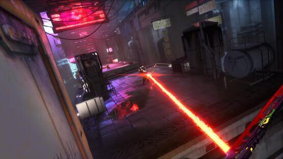Ghostrunner 2 screenshot: A cybernetic warrior wields an energy sword, dodging laser beams in a neon-lit industrial corridor.
