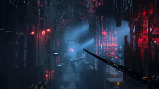 Screenshot from Ghostrunner 2 showing a futuristic, neon-lit corridor with a sword-wielding character navigating platforms.