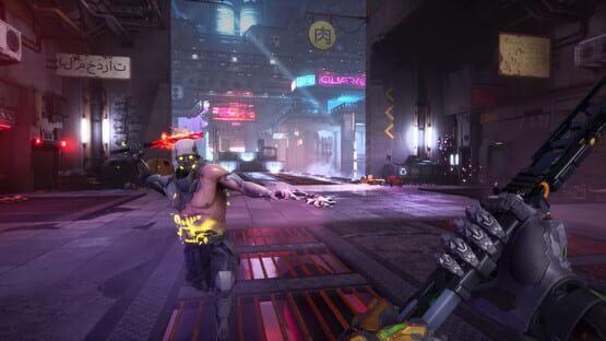Ghostrunner 2 screenshot: A player character with a cybernetic arm faces an enemy in a neon-lit futuristic city street.