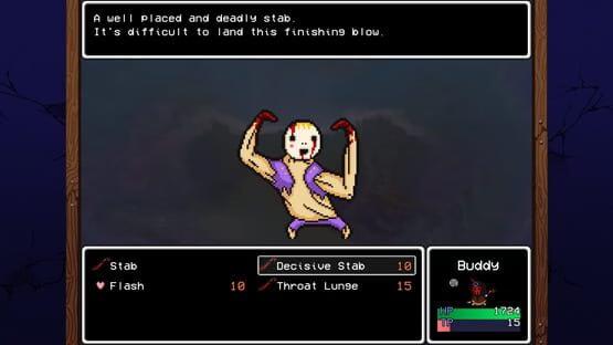 Screenshot from LISA: The Definitive Edition shows a battle scene with Buddy facing a masked creature in combat.