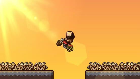 A screenshot from LISA: The Definitive Edition showing a character on a motorcycle jumping between two ledges against an orange sky.