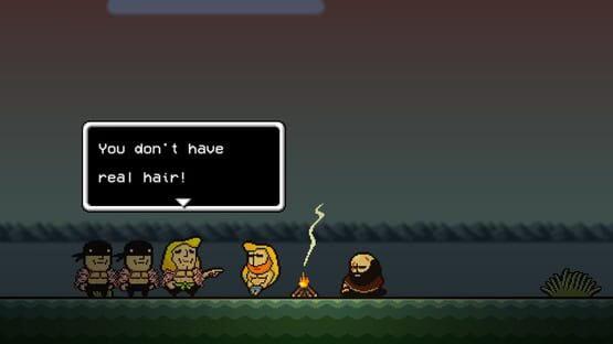 A screenshot from LISA: The Definitive Edition showing characters by a campfire, with a dialogue box saying, "You don't have real hair!"