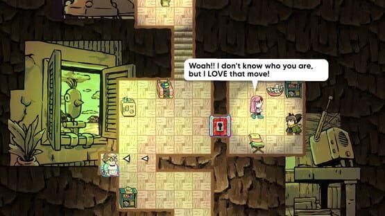 Screenshot of Arranger: A Role-Puzzling Adventure showing characters in a cave-like room with dialogue, stairs, and various objects.