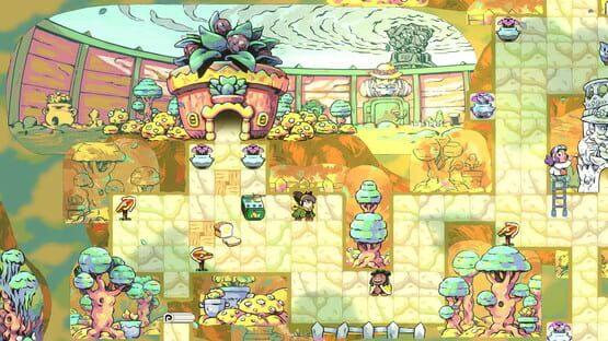 Screenshot from Arranger: A Role-Puzzling Adventure showing a colorful, maze-like environment with characters and whimsical buildings.