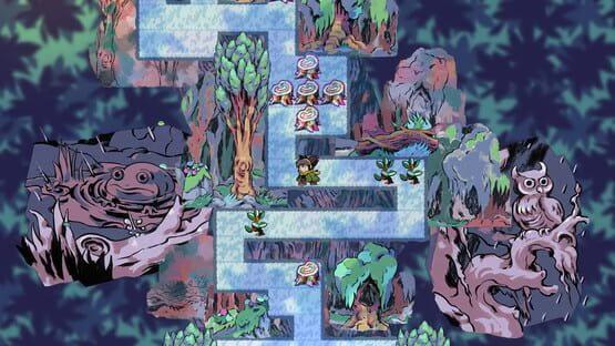 Screenshot from 'Arranger: A Role-Puzzling Adventure' showing a character navigating a maze-like path surrounded by colorful, whimsical trees.
