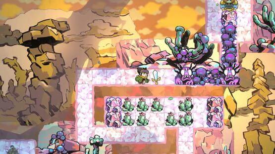Screenshot of Arranger: A Role-Puzzling Adventure, showing a character navigating a colorful maze filled with cacti and mystical objects.
