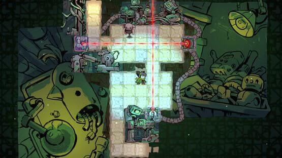 Screenshot of Arranger: A Role-Puzzling Adventure showing a character surrounded by robots and puzzles with glowing pathways.