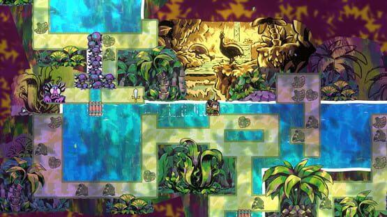 Screenshot of Arranger: A Role-Puzzling Adventure, showing a vibrant jungle with waterfalls, a character, and ancient ruins.