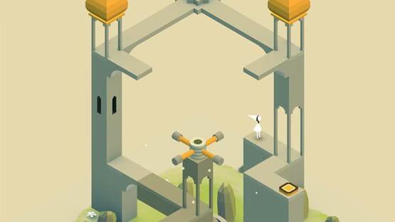 Screenshot from Monument Valley showing a character standing on a surreal, geometric tower with golden domes and blue flags.