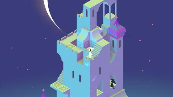 Screenshot of Monument Valley showing a character in a white robe navigating a tall, intricate tower with a crescent moon in the background.