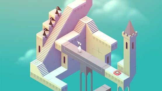 Screenshot from Monument Valley showing a character in a white hat navigating an impossible castle with stairs and towers.