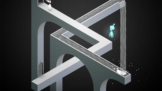 Monument Valley screenshot: A character in a white outfit stands atop an impossible architectural structure against a dark background.