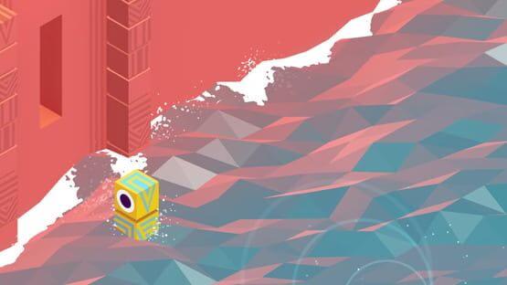 Screenshot from Monument Valley showing a character in white on a small red island, surrounded by a mysterious, geometric ocean landscape.