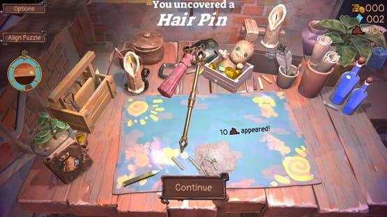 Screenshot from Trash Goblin showing a cluttered workbench with various tools and a message about uncovering a Hair Pin.