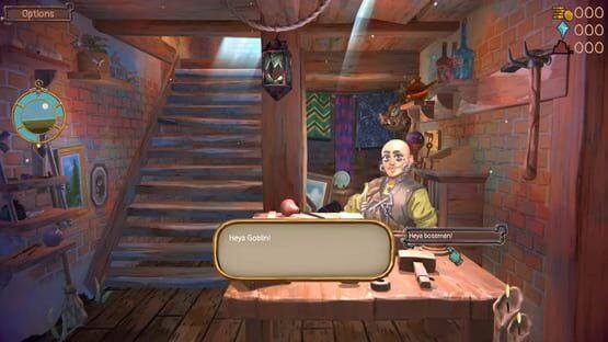 Screenshot from 'Trash Goblin': A goblin sits behind a wooden desk in a cozy, cluttered room with brick walls and stairs.
