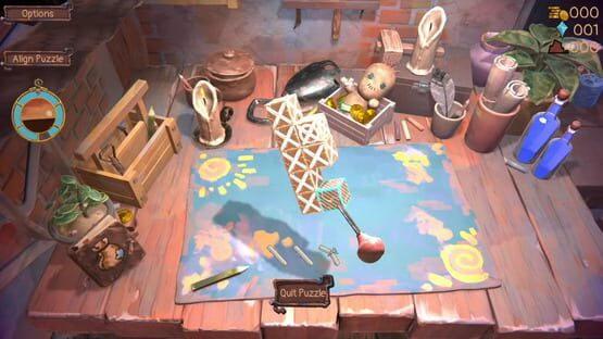 A screenshot from Trash Goblin shows a cluttered workbench with tools, trinkets, and a partially built wooden structure.