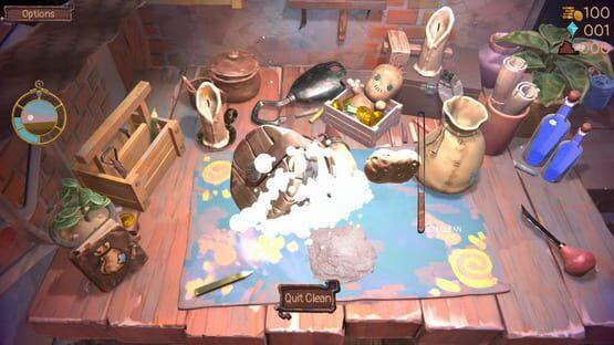Screenshot of Trash Goblin game showing a cluttered workshop table with various crafting items and a dough-like substance.
