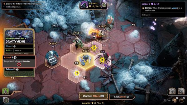 Screenshot of Sunderfolk game showing a strategic battle scene with monsters and character cards on a hexagonal grid.