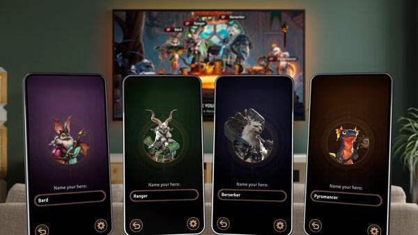 Sunderfolk screenshot: Four hero selection cards—Bard, Ranger, Berserker, Pyromancer—are displayed in front of a TV showing gameplay.