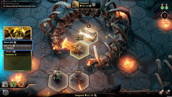 Sunderfolk screenshot: A hero stands near a glowing chest surrounded by bones, with stats displayed on the left panel.