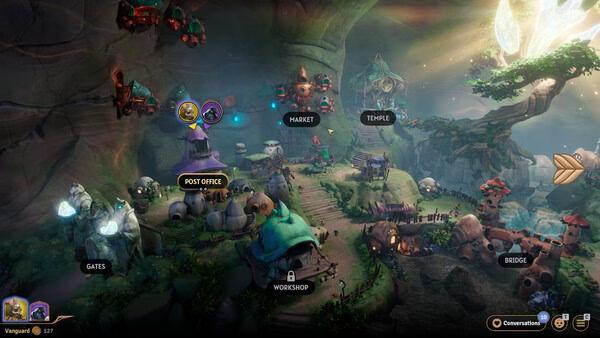 Screenshot of Sunderfolk showing a colorful village with labeled locations like Post Office, Market, Temple, and Workshop.