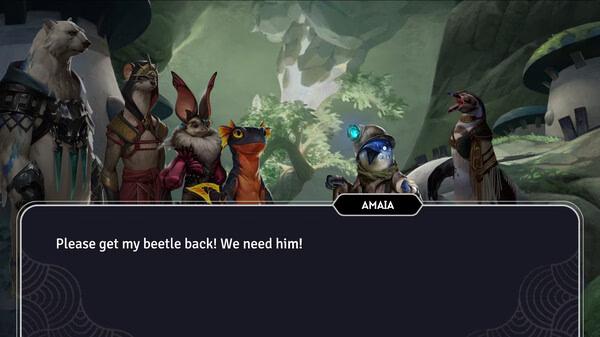 Screenshot from Sunderfolk showing Amaia speaking to a group of animal characters in a lush forest environment.