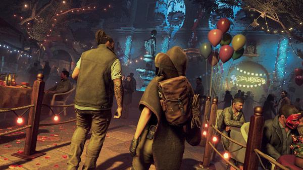 Screenshot from Shadow of the Tomb Raider showing two characters walking in a festive area with colorful lights and balloons.