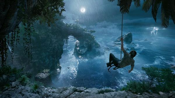 Screenshot from Shadow of the Tomb Raider showing a person swinging over a misty ocean landscape under a moonlit sky.