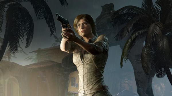Screenshot from Shadow of the Tomb Raider showing a character aiming a gun in a jungle setting with palm trees and ruins.