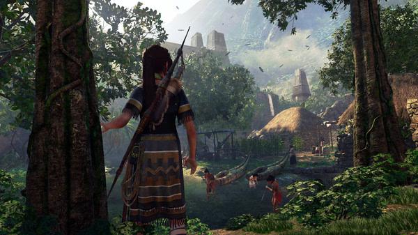 Screenshot from Shadow of the Tomb Raider showing a character standing in a lush jungle village with people and huts in the background.