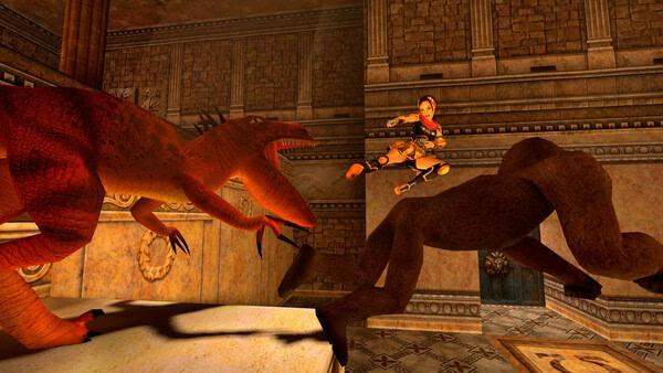 Tomb Raider I-III Remastered Starring Lara Croft screenshot: Lara Croft jumps over a dinosaur in an ancient temple setting.