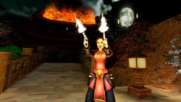 Tomb Raider I-III Remastered Starring Lara Croft screenshot: Lara Croft holds dual pistols beneath a burning roof and full moon.