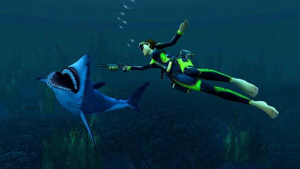 Screenshot from Tomb Raider I-III Remastered Starring Lara Croft showing Lara underwater aiming a weapon at an approaching shark.