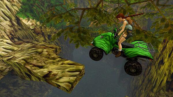Screenshot from Tomb Raider I-III Remastered Starring Lara Croft: Lara navigates a green ATV over a rocky ledge in a jungle setting.