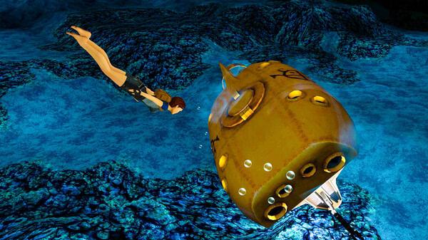 Lara Croft swims toward a yellow submarine in an underwater setting in this screenshot from Tomb Raider I-III Remastered Starring Lara Croft.
