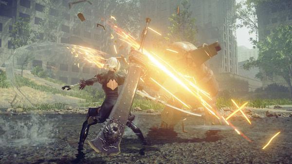 NieR:Automata™ screenshot: A battle scene with 2B wielding a large sword, attacking a robotic enemy in a desolate urban area.
