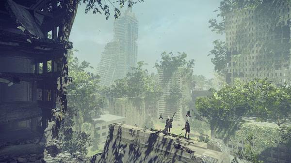 Screenshot from NieR:Automata™ showing two characters exploring a lush, overgrown post-apocalyptic cityscape with ruined buildings.