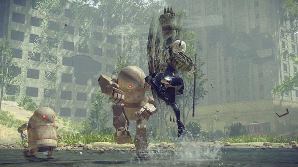 NieR:Automata™ screenshot showing the protagonist battling robots in a lush, overgrown urban environment.