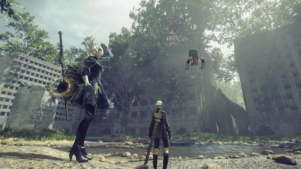 Screenshot from NieR:Automata™ shows two characters and a floating robot in a lush, overgrown urban landscape.