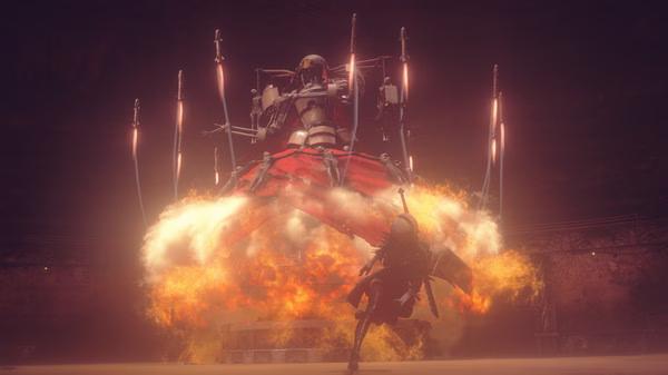 Screenshot from NieR:Automata™ showing a character fighting a large, mechanical enemy amidst fiery explosions.