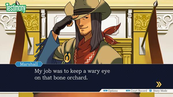 Screenshot from Phoenix Wright: Ace Attorney Trilogy showing a character named Marshall giving testimony in court.