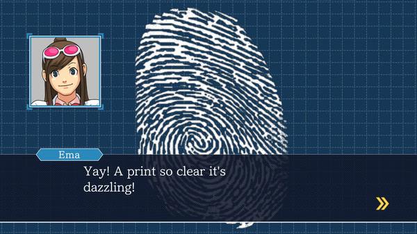 Phoenix Wright: Ace Attorney Trilogy screenshot showing Ema and a clear fingerprint, with dialogue saying, "Yay! A print so clear it's dazzling!"
