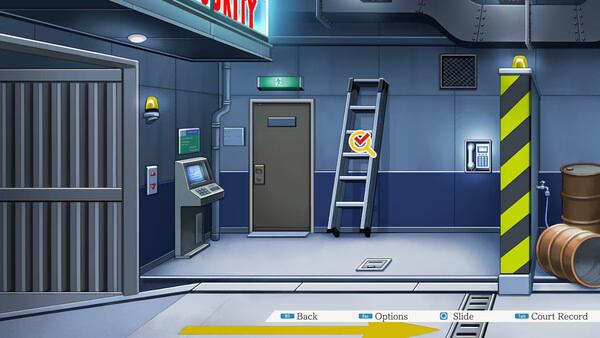 A screenshot from Phoenix Wright: Ace Attorney Trilogy showing a security room with a ladder, a keypad, and various equipment.