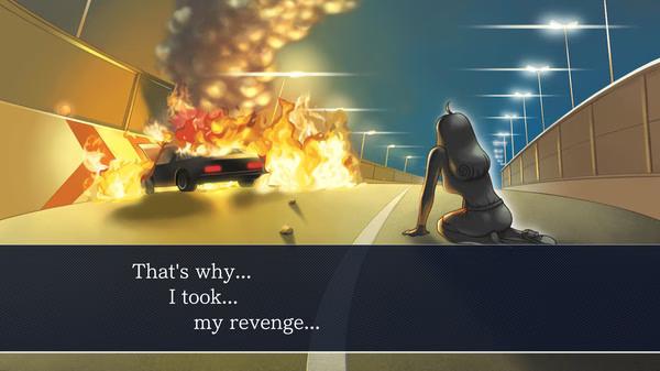 Screenshot from Phoenix Wright: Ace Attorney Trilogy showing a woman on a road near a burning car, with text: "That's why... I took... my revenge..."