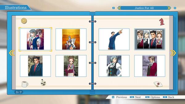 Screenshot of the illustrations menu in Phoenix Wright: Ace Attorney Trilogy, showing characters and scenes from Justice for All.