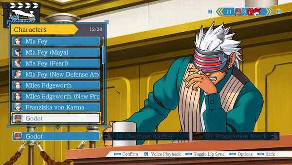 Screenshot from Phoenix Wright: Ace Attorney Trilogy showing character Godot with a visor, seated at the prosecution bench.