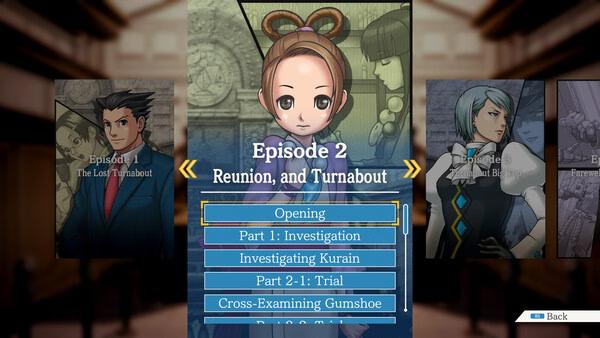 Screenshot from Phoenix Wright: Ace Attorney Trilogy showing the episode selection menu with Episode 2 highlighted.